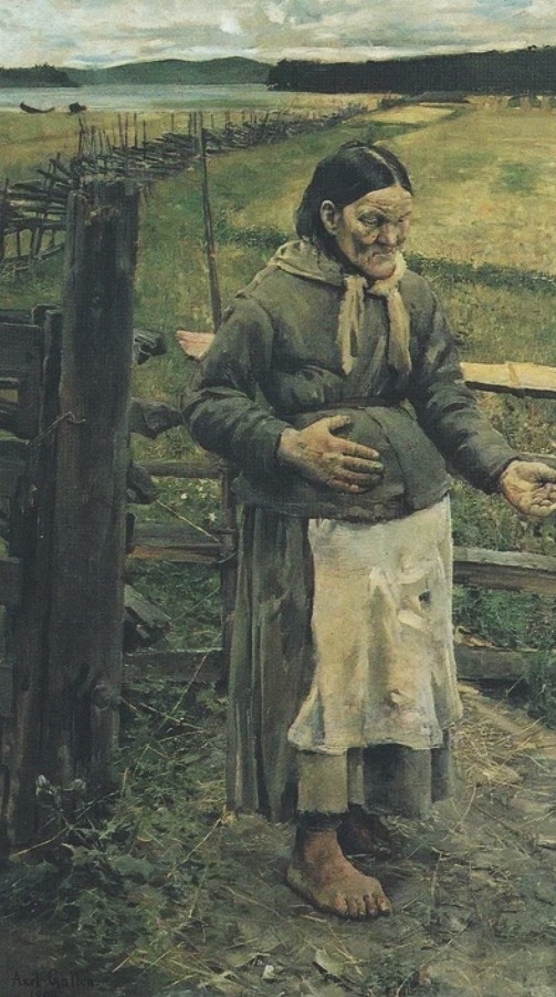 Старушка, будто с меня списана. Старая, страшная, в лохмотьях, с больными ногами, протянутой рукой, животом, распухшим от голода животом и больным желудком, за который она держится