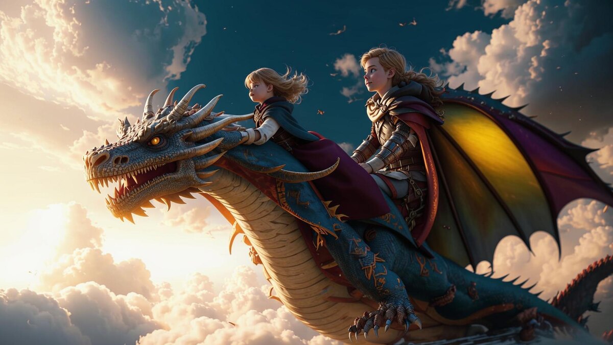 ничего не спрашивайте:) мне сегодня ИИ всю голову выпарил, и это лучшее, что смогла из него выжать. Но объясните мне, как из четкого запроса: один мальчик и одна девочка летят на драконе, получается толпа сидящая на спине несчастного дракона?! А? Вот как?! 