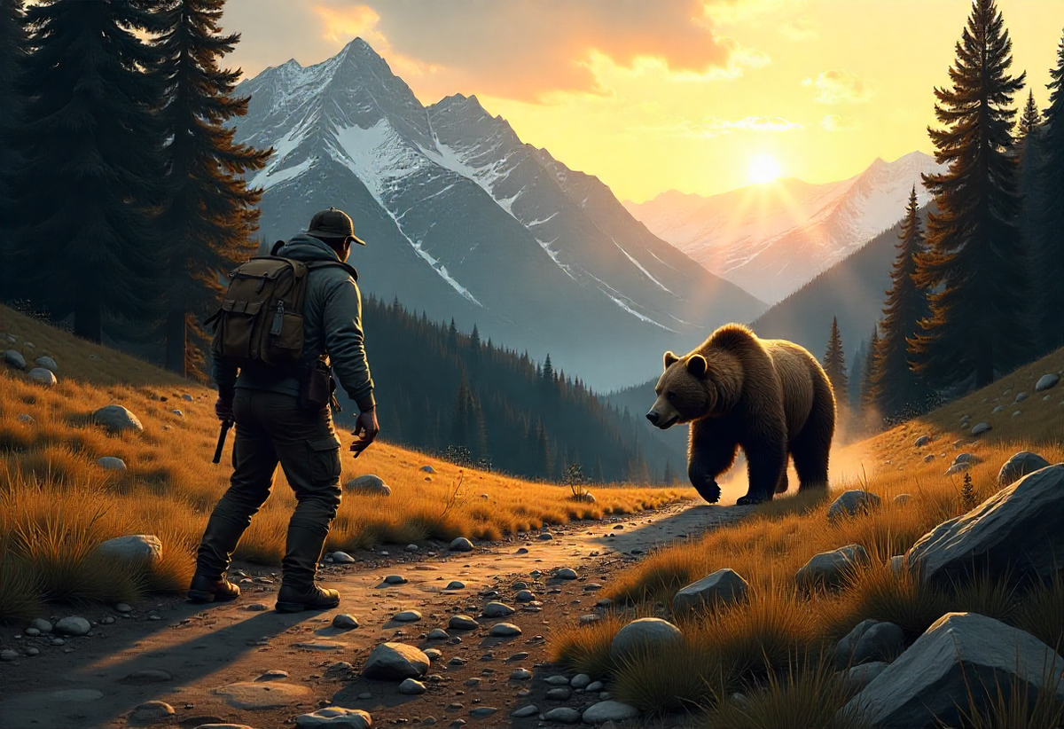 Встреча с бурым медведем. Картинка создана ИИ.