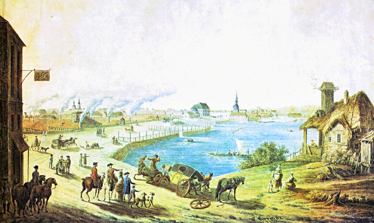 Вид Екатеринбурга в 1789. На картине видна Большая Першпективная дорога, проходящая через плотину Екатеринбургского завода (ныне Проспект Ленина), на горизонте выделяются здания церкви Малый Златоуст (слева, 1755-1768 годы постройки), Канцелярии горного правления (в центре, 1737-1739), Кафедрального собора( справа, 1771-1774).