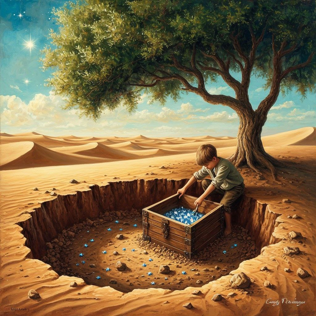 Сгенерированно ИИ. Мальчик ищущий смысл.