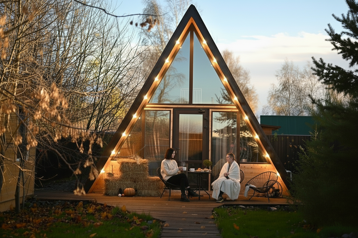 Мама с дочкой на террасе у дома Янтарь в Aframe Happy