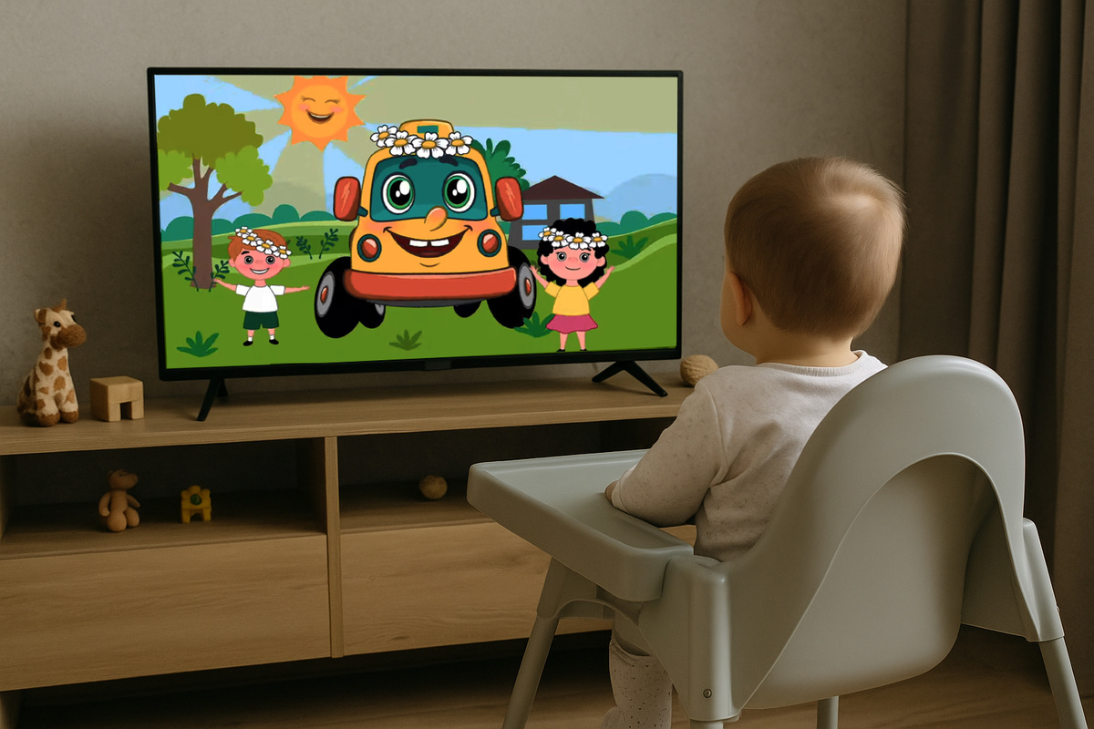 Малыш смотрит мультик "Автобус Борис"