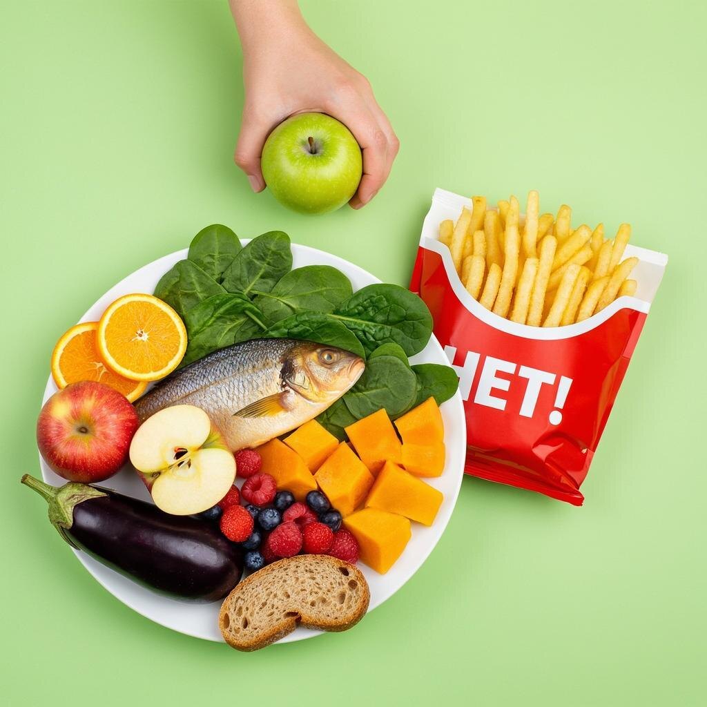 Тарелка с овощами, фруктами, рыбой и цельнозерновым хлебом. Чипсы