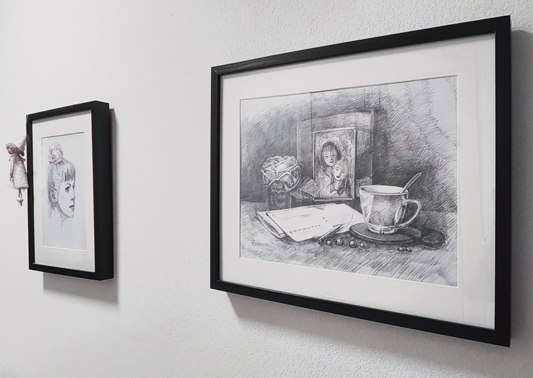 Работы художницы Фирсовой Светланы: автопортрет, "Письмо сестре", бумага, шариковая ручка.