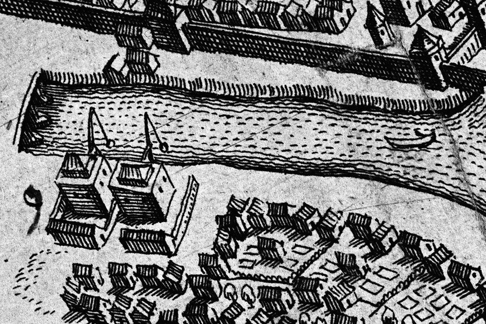    Репродукция рисунка "Бани на Москве-реке", увеличение части плана Москвы 1638 года. Художник Маттеус Мериан. Музей истории и реконструкции Москвы (ныне Музей Москвы). / Фото: РИА Новости