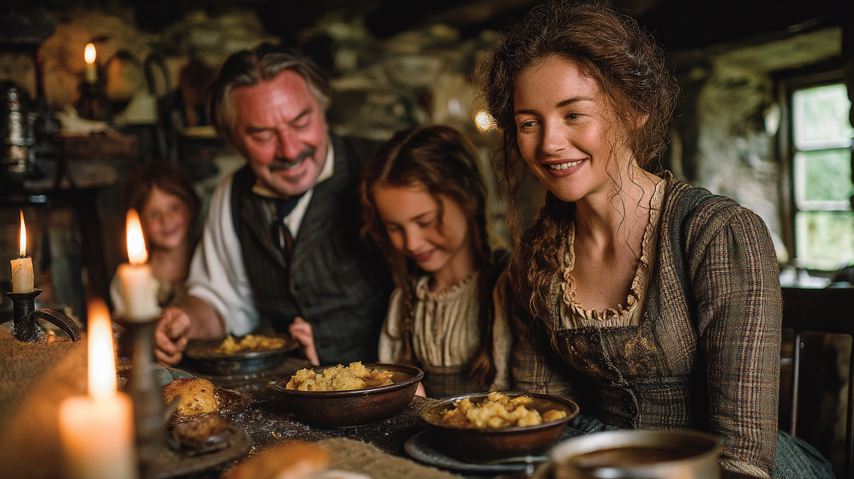 Дублинская семья ужинает коддлом в старом каменном доме
