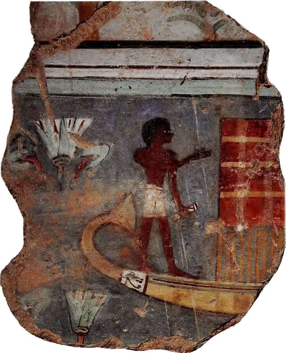 Настенная живопись Древнего Египта достигла своего расцвета в период Нового царства (примерно 1500-1100 гг. до н.э.). Особенно примечательны росписи из гробницы фараона Хоремхеба, правившего в 1332-1305 гг. до н.э.
Синие оттенки в этих росписях, хотя и разнообразны, чаще всего использовались для создания фона. Краски получали как из природных минералов (азурит, малахит), так и искусственным путем (например, из синего витриола). Последние позволяли создавать великолепные голубые поверхности, напоминающие воды Нила. Эти голубые тона особенно важны в сценах, изображающих переход умершего из мира живых в мир мертвых, который часто представлялся на берегах этой реки. Это характерно для искусства XIII века до нашей эры.