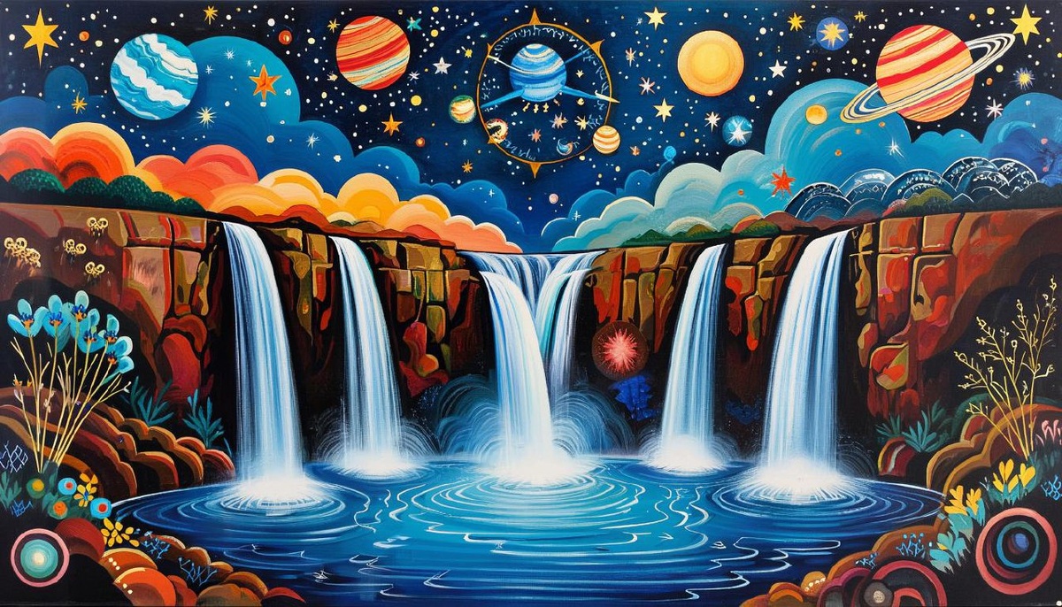 Водопад и планеты. Иллюстрация сгенерирована нейросетью