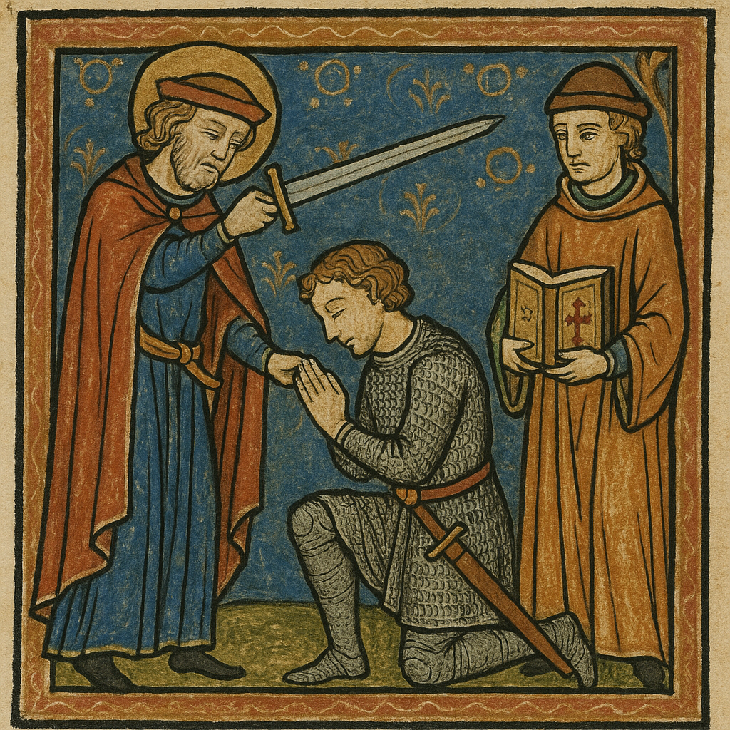 Посвящение в рыцари. Уже в этой церемонии заложен дуализм кодекса: вассальная верность сеньору и религиозный долг перед Богом.