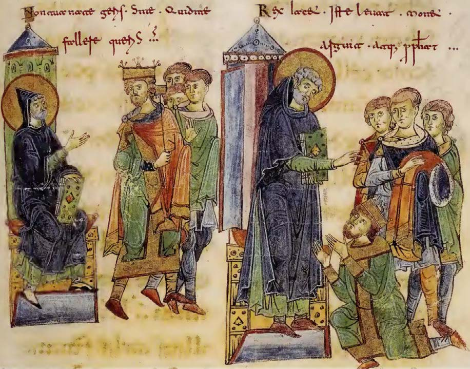 Святой Бенедикт, облаченный в голубое, из аббатства Монте-Кассино
В своем монашеском уставе, написанном примерно в 540 году, святой Бенедикт не придавал значения цвету монашеских одежд. Он считал, что черный цвет, символизирующий смирение и покаяние, не должен быть обязательным. Хотя с IX века черный цвет стал стандартным для монашеских облачений, на практике, вплоть до конца Средневековья, монахи часто носили одежды других цветов, таких как коричневый, серый или синий. Это отражено и в изображениях, где можно увидеть бенедиктинских монахов в различных облачениях, как, например, на изображении самого святого Бенедикта.
11 век, библиотека Уитикана, Рим; Ms. Cod.Lat. 1202, лист 138.