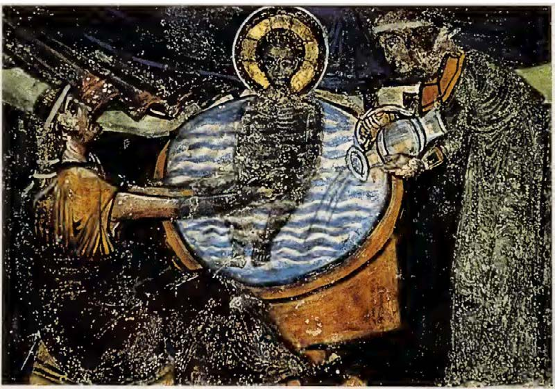 Купание Младенца Христа.
В средневековой живописи воду обычно показывали в виде волнистых линий, используя оттенки зеленого, голубого и белого. В XIII веке в Европе для изображения водоемов и на картах чаще применяли зеленый цвет, в то время как на Востоке преобладал синий. Только к XVII веку синий цвет стал основным для изображения воды в европейском искусстве.
Фрагмент из Рождества Христова, на настенной росписи церкви Гёреме, Турция, 10 век.