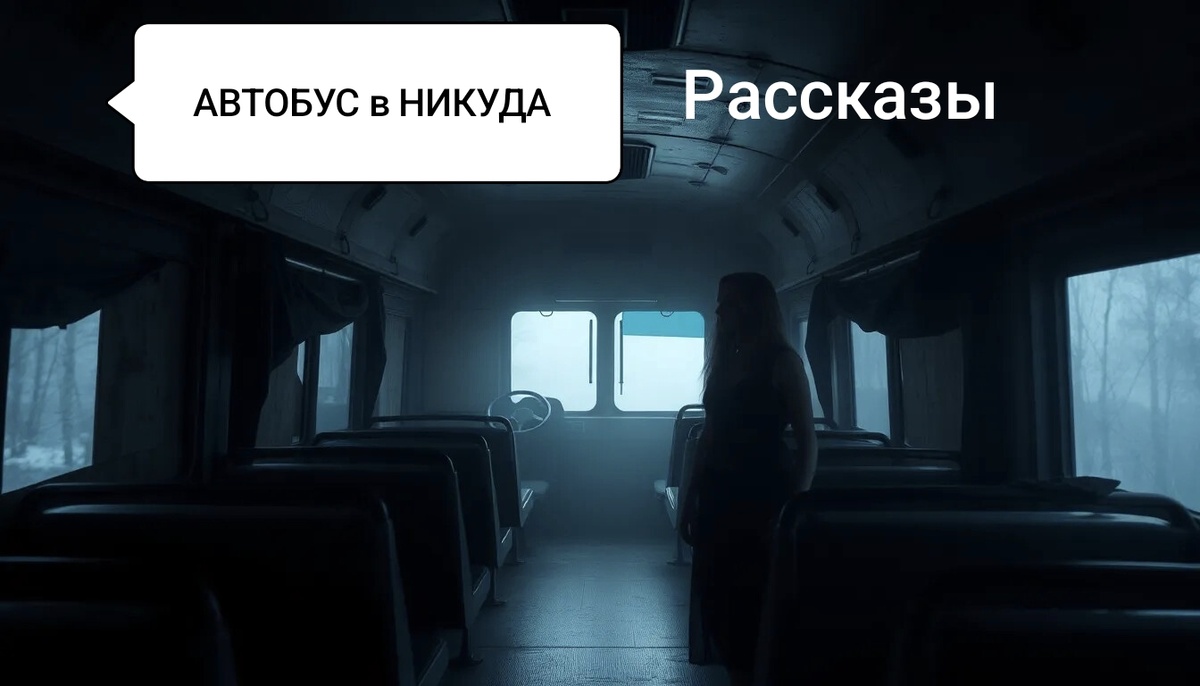 мрачный салон автобуса с заколоченными окнами, чёрным тентом на кабине водителя и одинокой фигурой в проходе. Атмосфера тревоги и неизвестности, передана через тёмные тона и сюрреалистичное настроение.