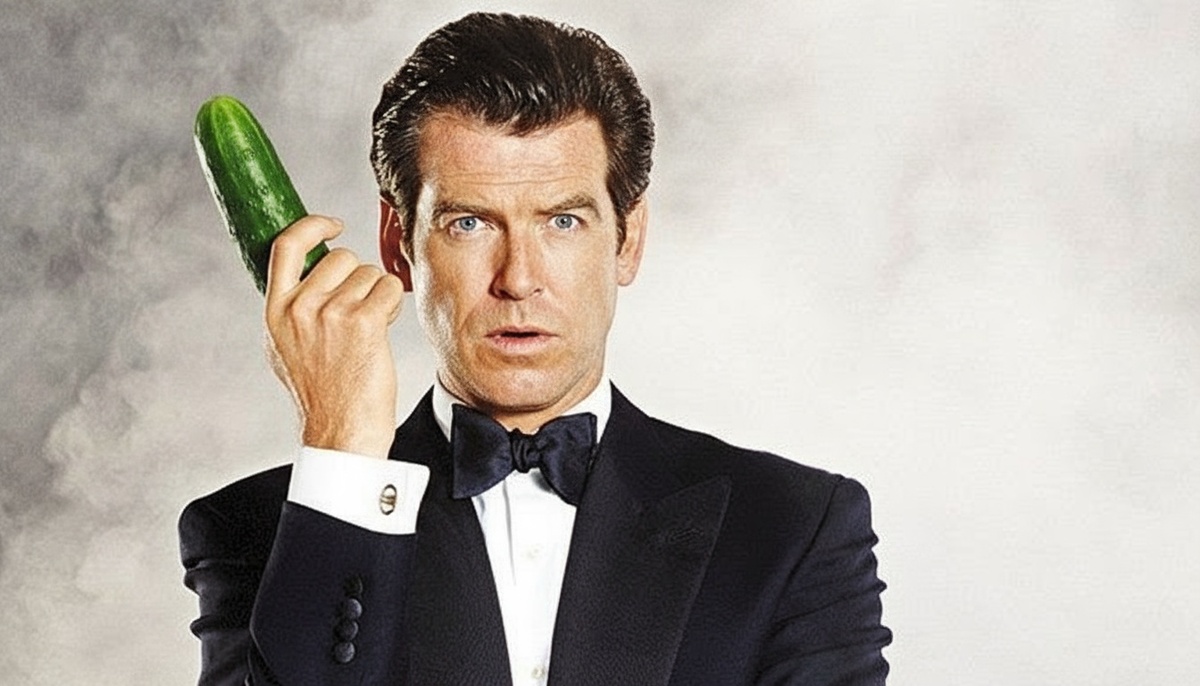 Фото постера фильма о Джеймсе Бонде, пистолета нет, но мы заменили хоть на огурец