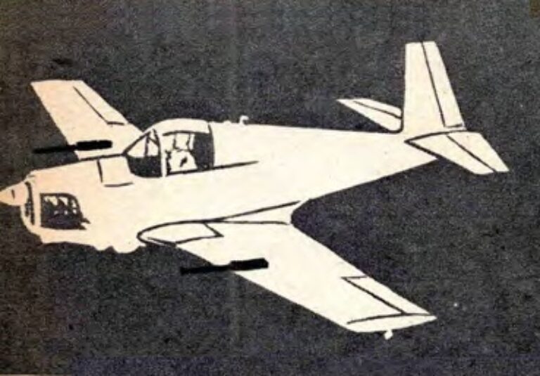 схема гипотетического варианта вооружения легкого самолета MOONEY MITE. Два пулемета 0,30-калибра (7,62 мм) в консолях крыла. Самолет может быть оснащен реактивными снарядами