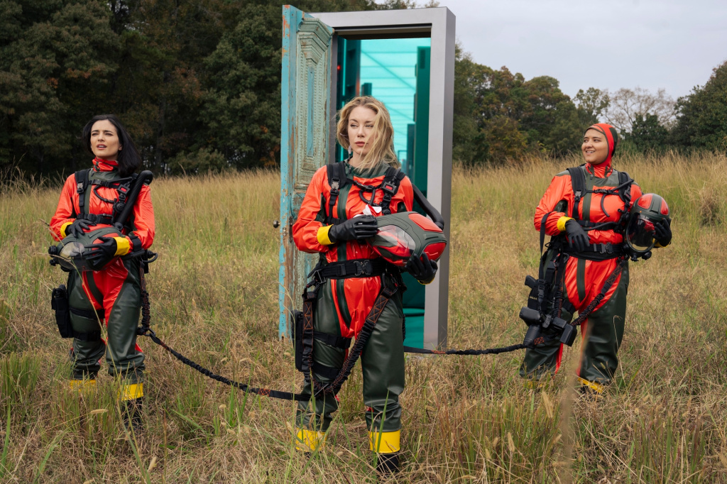 Sol Rodriguez, Jennifer Holland, Anissa Matlock on “Peacemaker.” Jessica Miglio/HBO Max