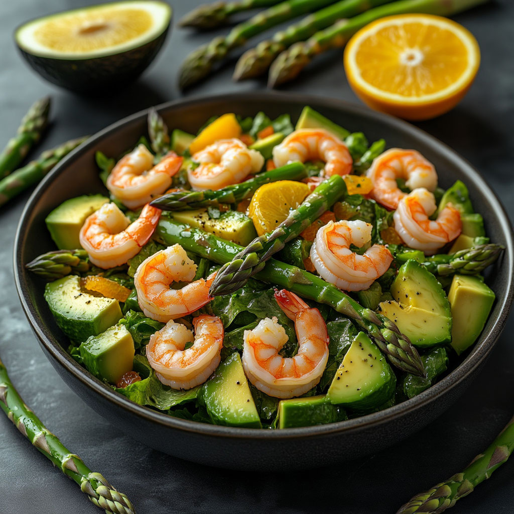 Салат с авокадо, спаржей и креветками. Домашние рецепты.