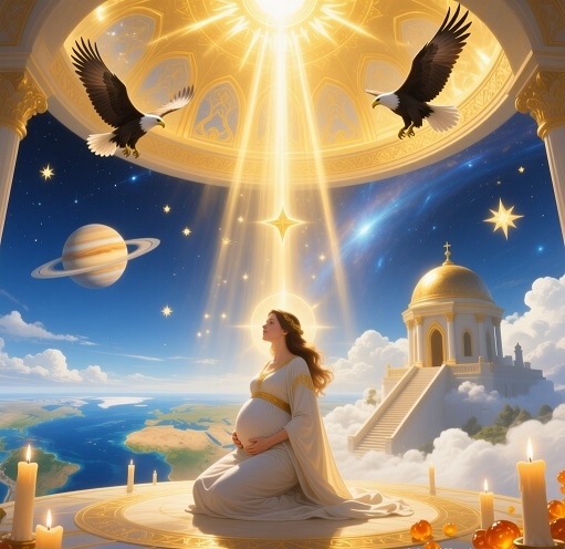 Есть время, когда внутри женщины раскрывается не просто жизнь — а смысл.
Всё, что прежде было движением тела, становится движением духа. На пятом месяце, под покровительством Юпитера — звезды царей, — внутриутробный мир наполняется ощущением порядка, гармонии, уверенности. Вселенная как будто выпрямляется, обретая ось.
Это середина пути — момент, когда мать и дитя впервые ощущают себя не просто телами, а существами, вплетёнными в закон мироздания. Всё становится глубже: вдох, взгляд, слово. Всё несёт значение.
