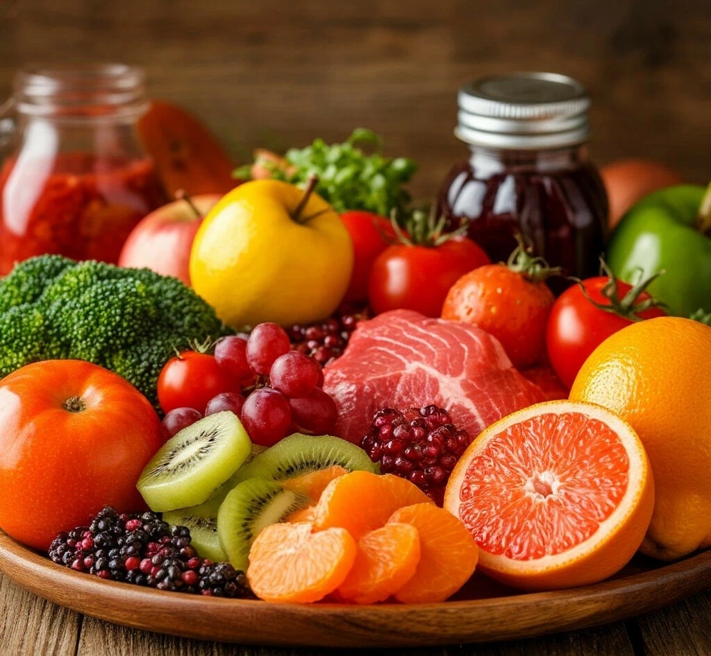 Фрукты и овощи на столе.