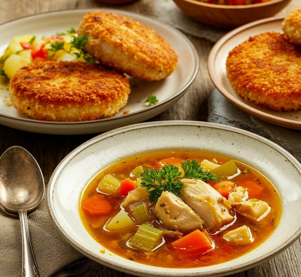 Овощной суп и куриные котлеты.