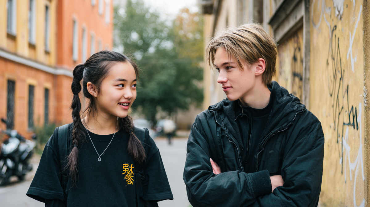 «Двое подростков, парень и девушка, разговаривают на улице с жёлтыми стенами и граффити. Девушка с заплетёнными косичками и в чёрной футболке с китайскими иероглифами улыбается, парень в чёрной куртке смотрит на неё. Атмосфера лёгкая и дружеская — типичный разговор между друзьями, возможно, на живом китайском языке».