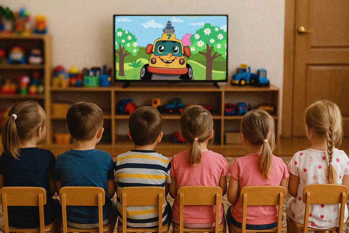 Дети в детском саду смотрят мультик "Автобус Борис"