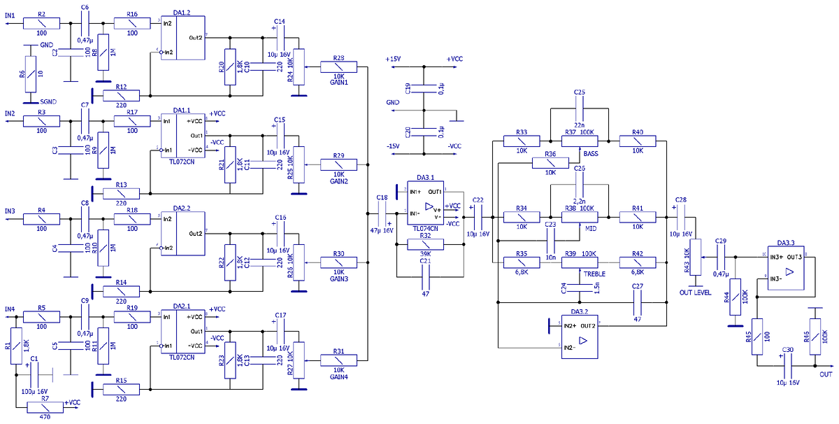 Схема электрическая принципиальная 4-х канального аудиомикшера