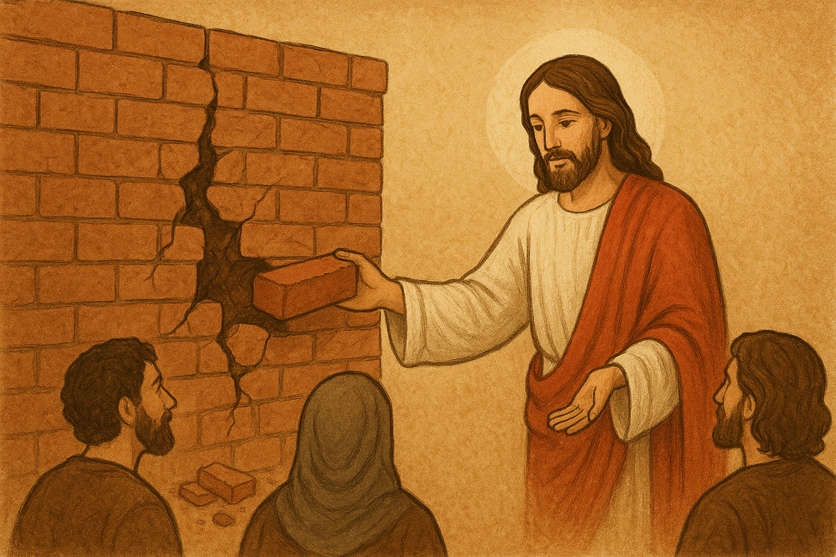 Христос восстанавливает стену. Спасибо чату ГПТ за сей рисунок)