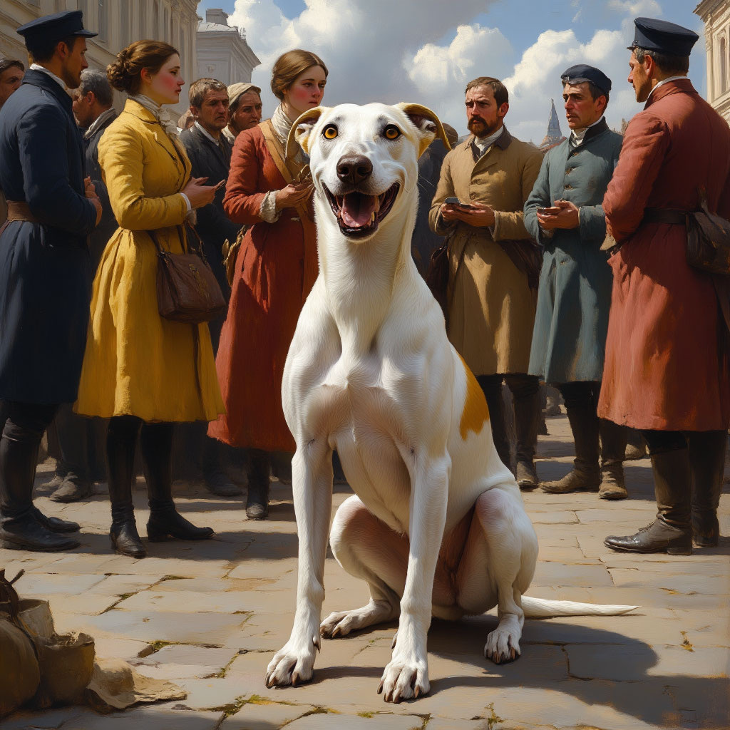 Белый борзой щенок с острой мордой и жёлтым пятном на спине