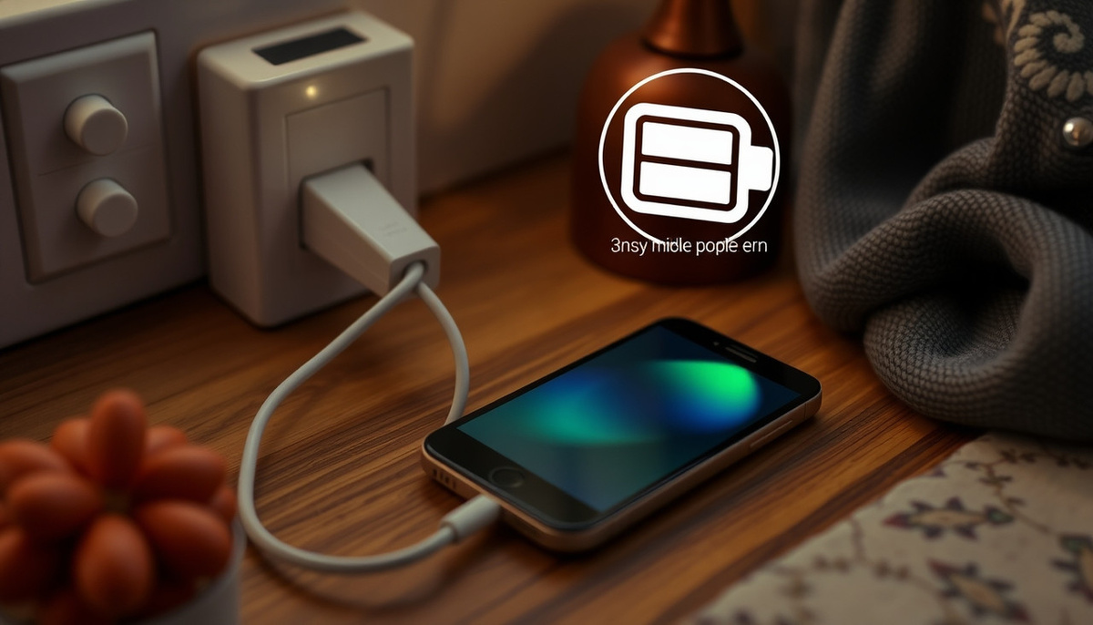    Иллюстрация, изображающая смартфон, зарядное устройство и элементы, символизирующие советы по зарядке.