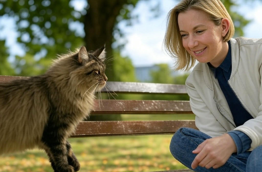Пушистый бездомный кот в парке.