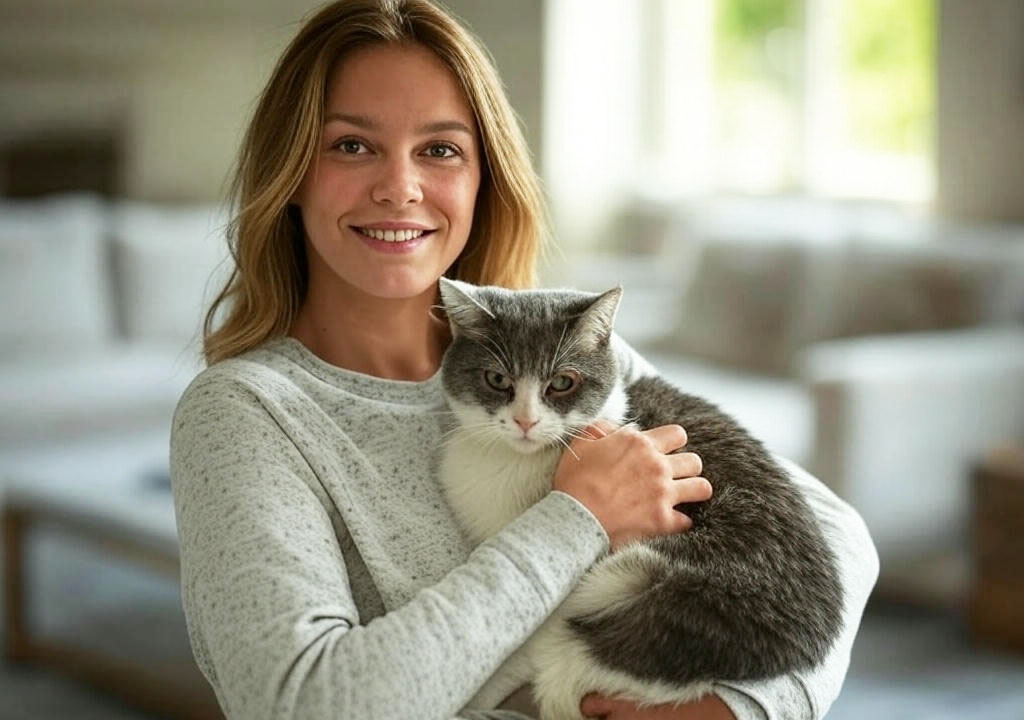 Бывший уличный кот уютно устроился на руках у новой хозяйки.