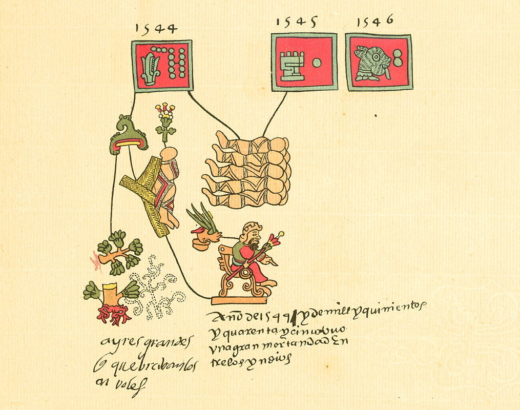 Изображение эпидемии коколицтли из Codex Telleriano Remensis , XVI век, предоставлено Фондом содействия развитию мезоамериканских исследований.