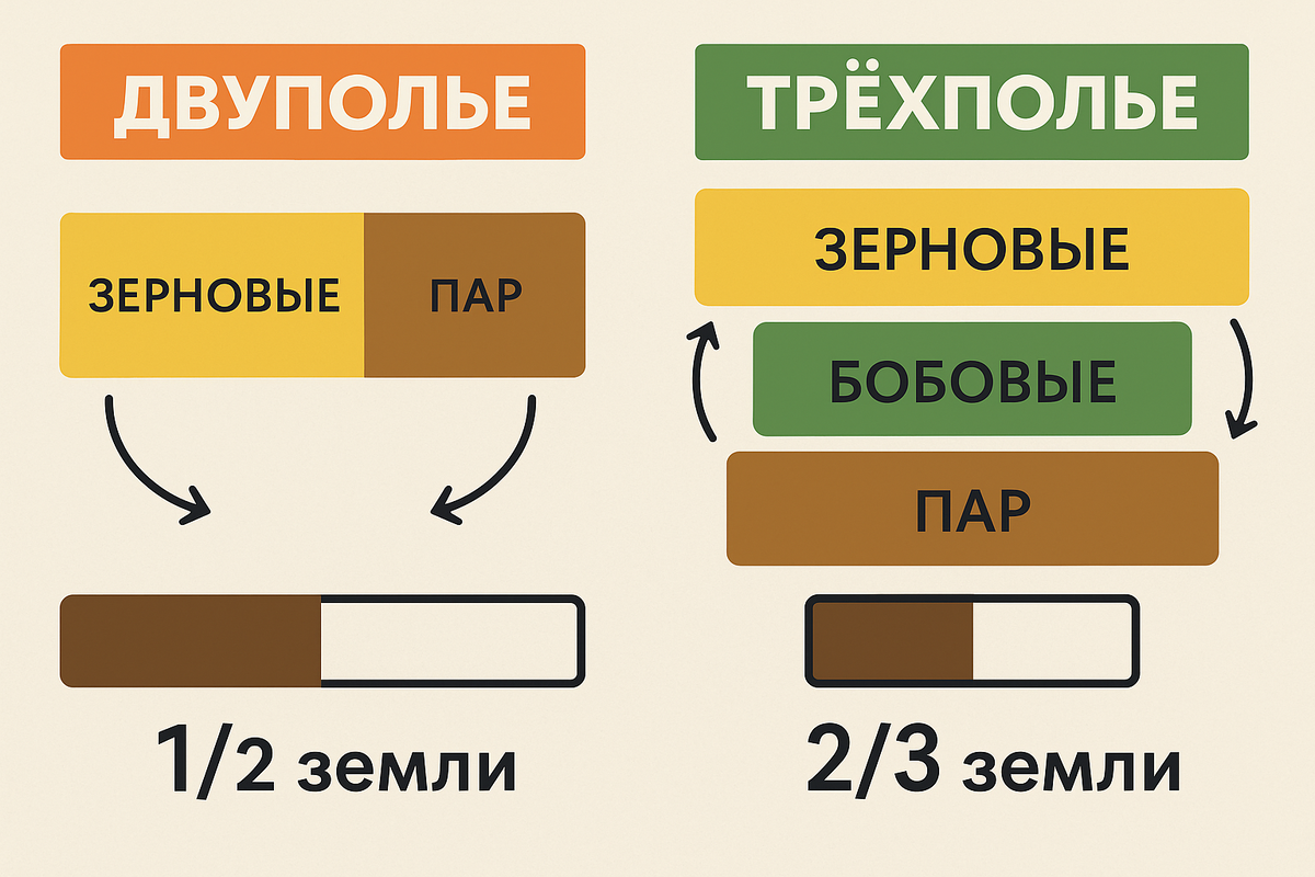 Принцип трехполья. Осенью засевается озимое (рожь, пшеница), весной — яровое (ячмень, овес, бобовые), а треть поля отдыхает. Земля работает эффективнее.