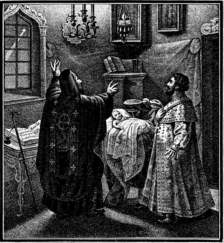 Рождение Петра Великого. Литография Иванова по рисунку Б. Чорикова.