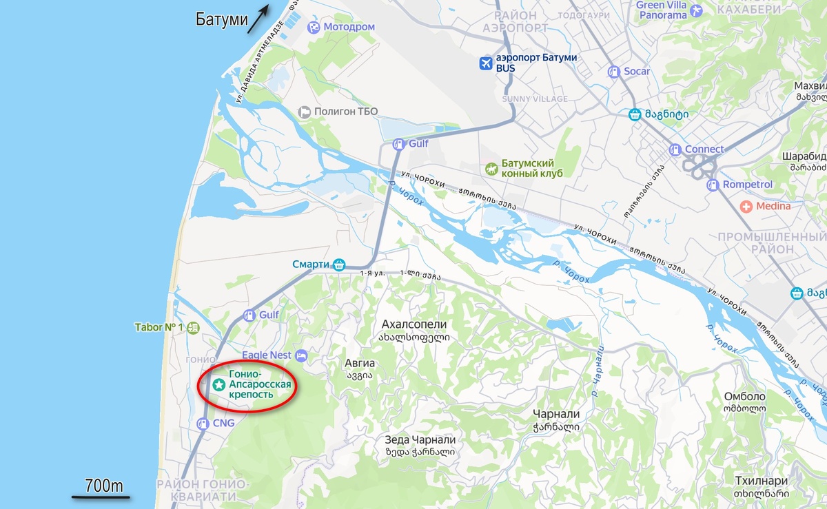 Карта местности. Река Чорохи впадает в Черное море