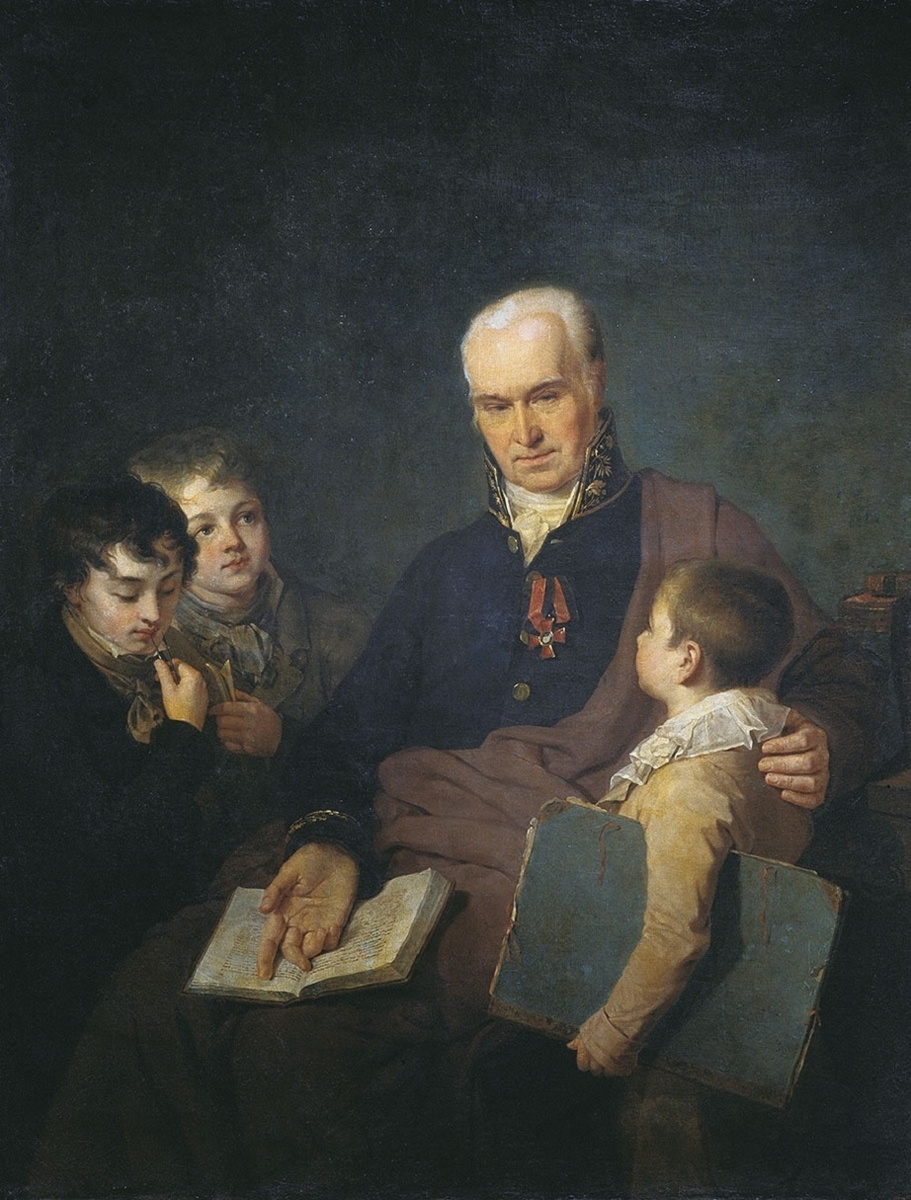 Венецианов А.Г.  (1780–1847)
Портрет Кирилла Ивановича Головачевского с тремя воспитанниками Академии художеств.
1811, холст, масло. 143,5 × 111 см
Русский музей
