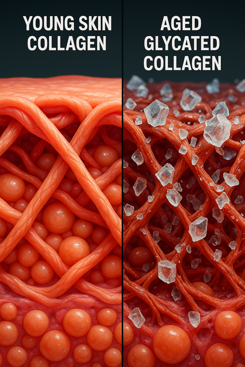 Так выглядит процесс гликации в коже — белки коллагена (слева здоровые, справа — поврежденные сахаром)! 🔬💥 Нагляднее некуда!