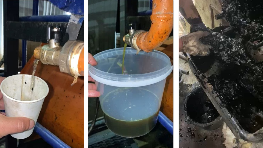 «Классический» процесс переработки ОММ, слева направо: отгон легкой фракции, получение пиролизного топлива для дальнейшего сернокислотного осветления, выгрузка мазута и кокса (кубового остатка).