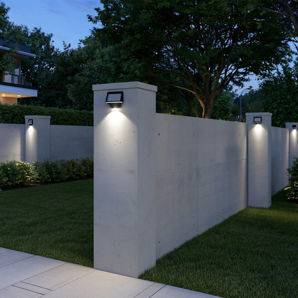 Бетонный забор со встроенными в верхнюю часть столбов светильниками на солнечных батареях, которые горят в сумерках. Умный и стильный. Современные бетонные заборы интегрируют технологии для комфорта и безопасности.