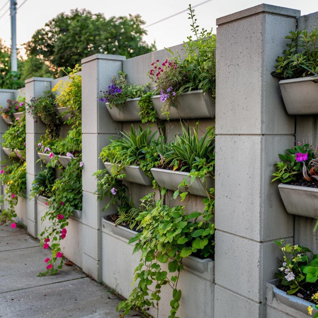 Бетонный забор, выступающий основой для вертикального озеленения: в специальные карманы высажены плетистые растения. Гармония прочности и природы. Экотренд: бетонный забор как основа для живого, дышащего ограждения.