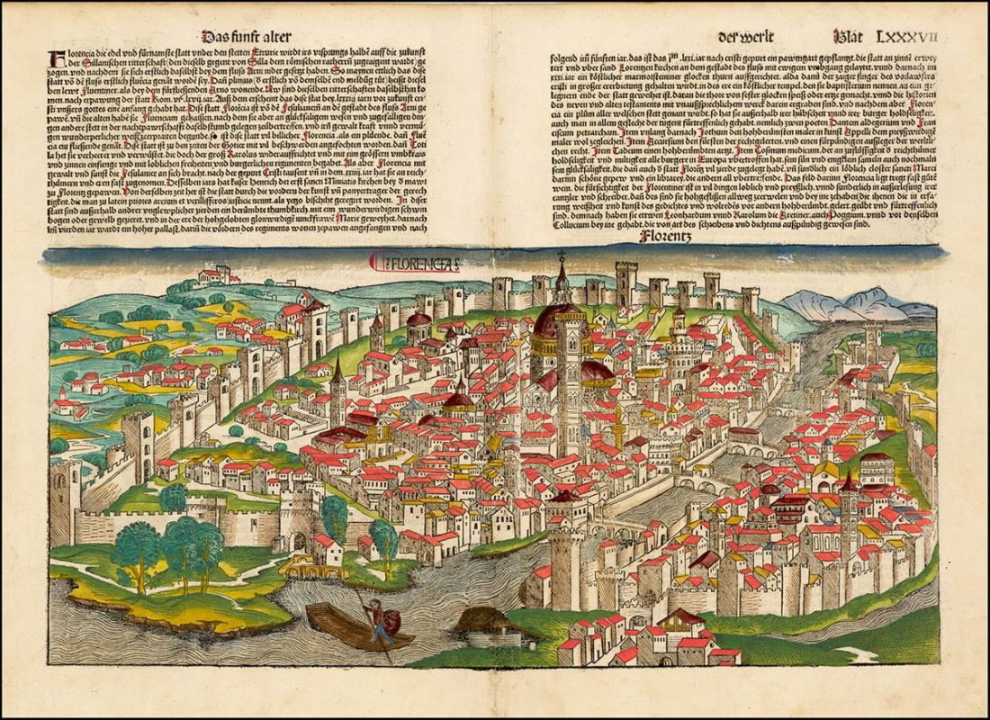 Карта Флоренции из Нюрнбергской хроники, 1493 г., из коллекции карт Барри Лоуренса Рудермана, Стэнфордский университет
