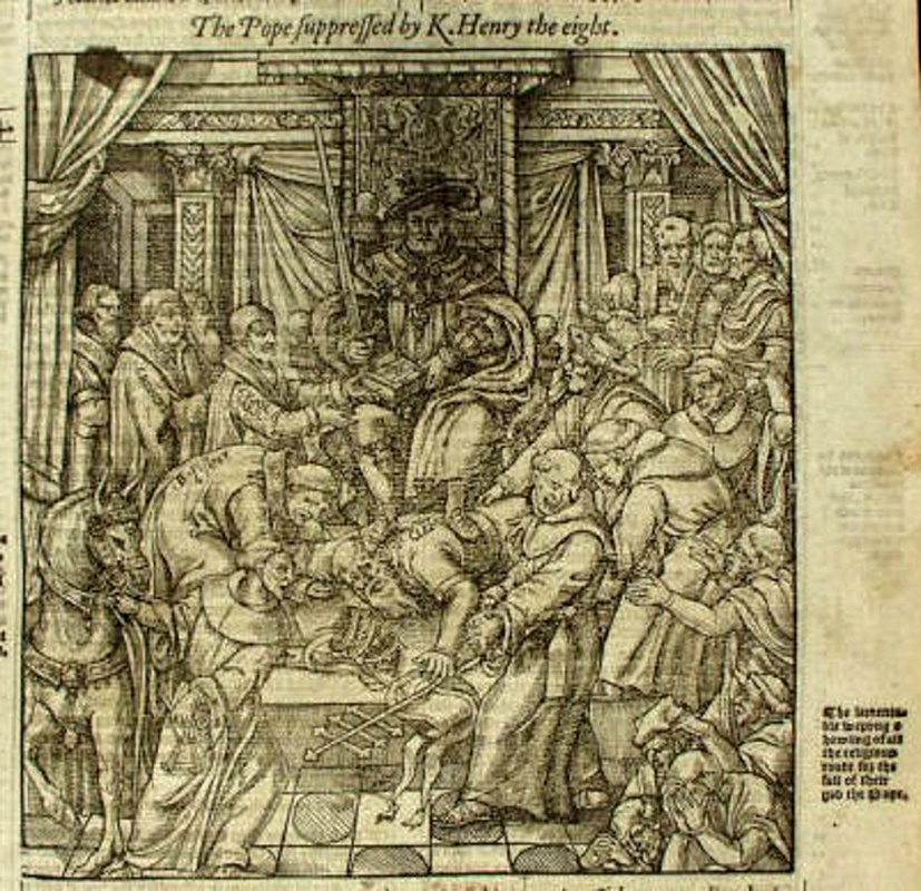 Папа, свергнутый королём Генрихом VIII (оригинальное название); Аллегория английской Реформации в книге Джона Фокса «Деяния и памятники» (Книга мучеников), 1570 г., Университет штата Огайо