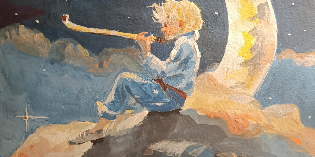 Мальчик на луне, картина 20*30 см, гуашь. Учимся рисовать вместе