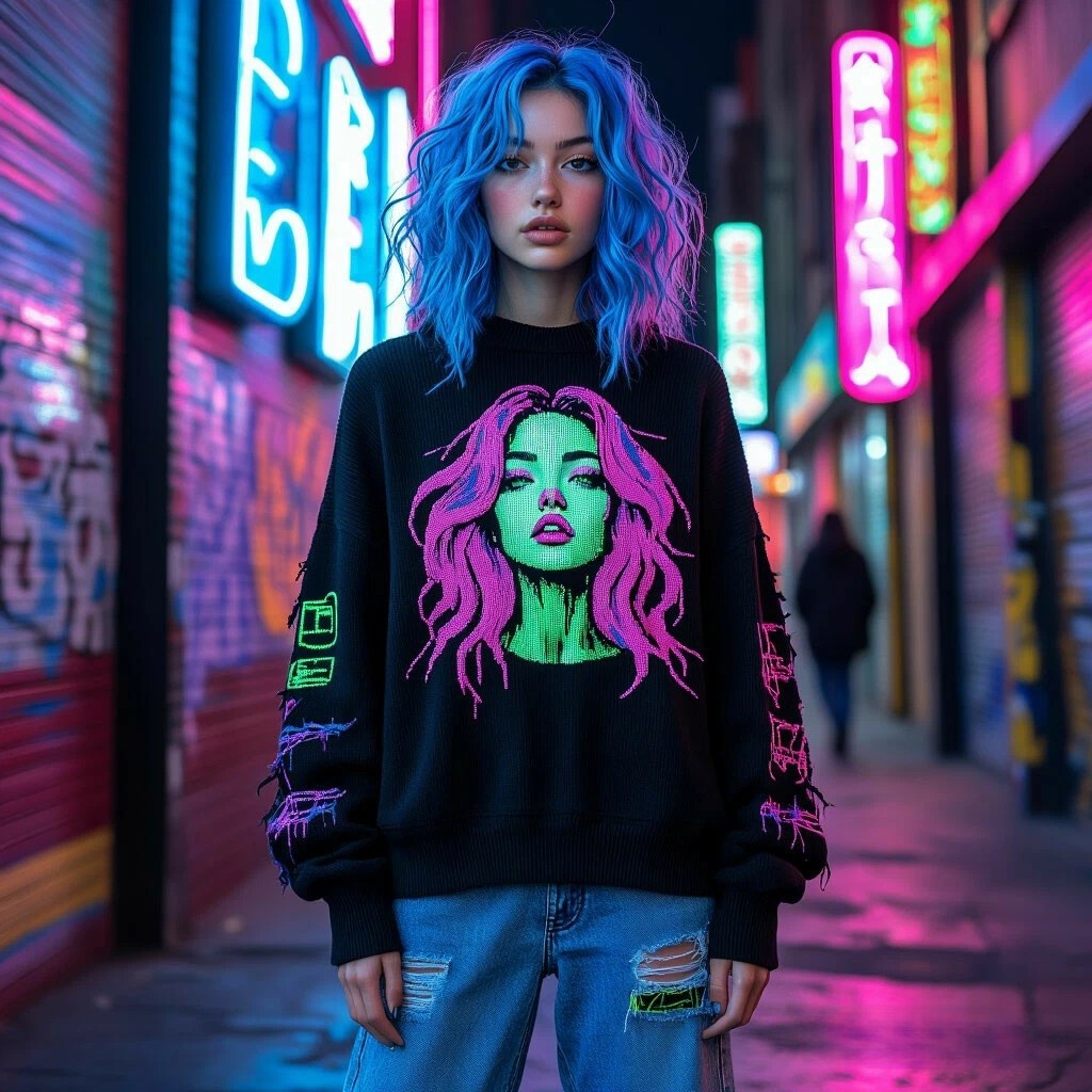 Идея ИИ свитер в стиле киберпанк с портретом 