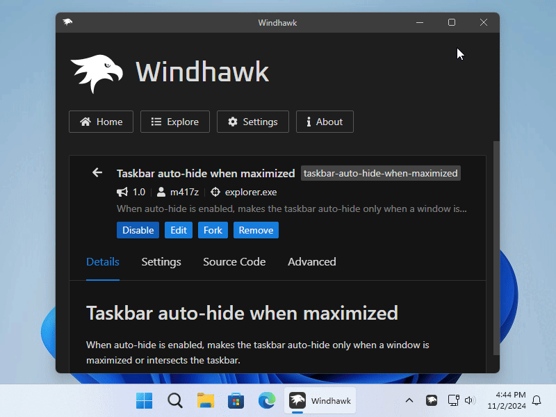 Пример работы Taskbar auto-hide when maximized + Taskbar auto-hide speed