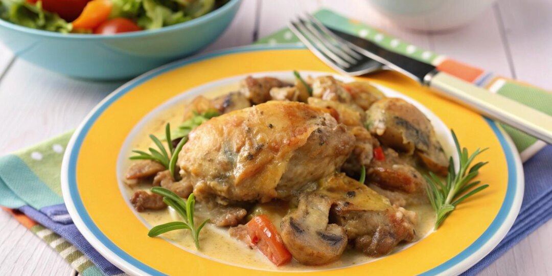 Кролик с грибами тушеный в сметане