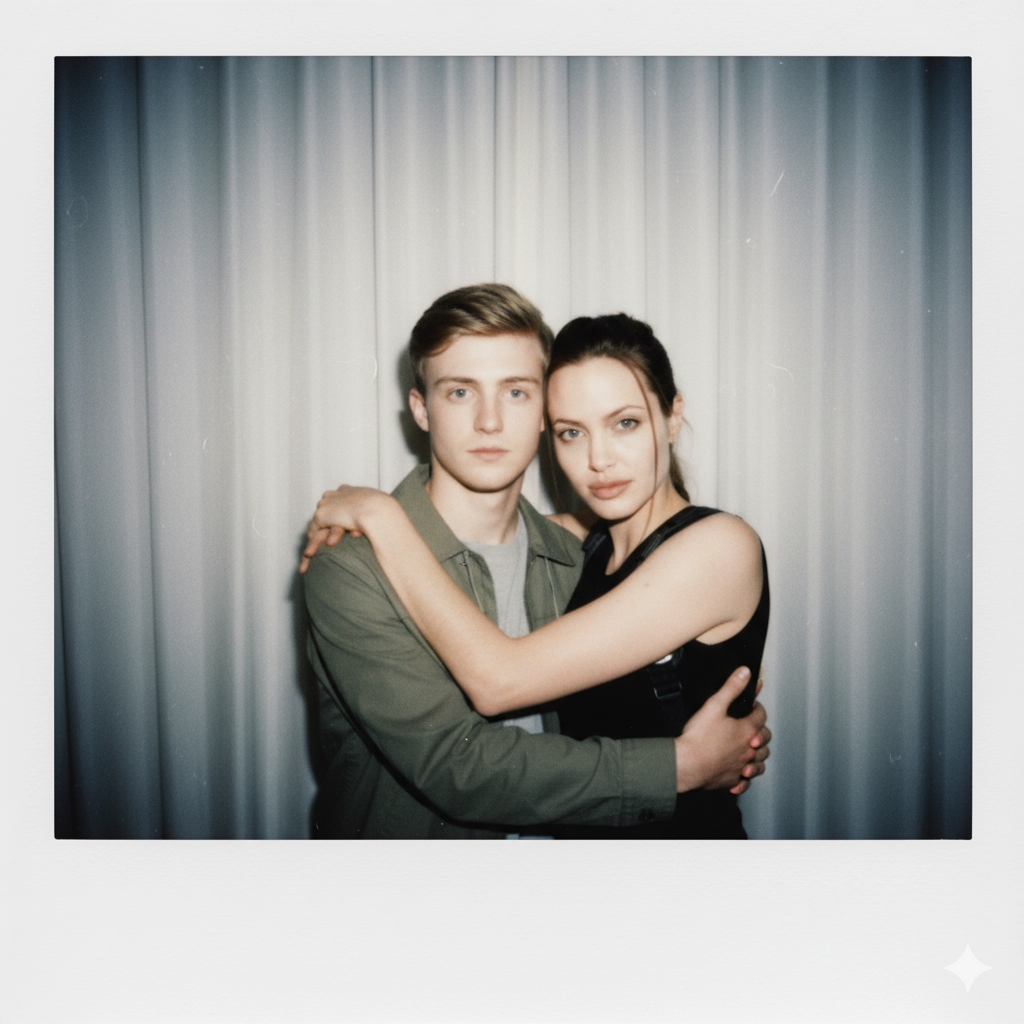 Сгенерированное фото с полароид эффектом (слева ИИ персонаж, справа Анджелина Джоли)