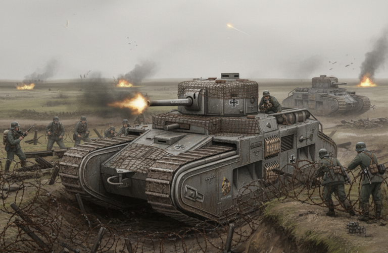 Liechte-Panzerwagen I, как он выглядит в ноябре 1917 года во время битвы при Камбре. Этот танк, Kaiserfaust , принадлежал 1-му танковому батальону «Лухс», первому танковому соединению Германской имперской армии. Kaiserfaust был окончательно подбит в битве при Камбре 1 декабря под Бурлоном, уничтожив 3 британских танка Mark IV, 5 пулемётных гнёзд и одно полевое орудие.