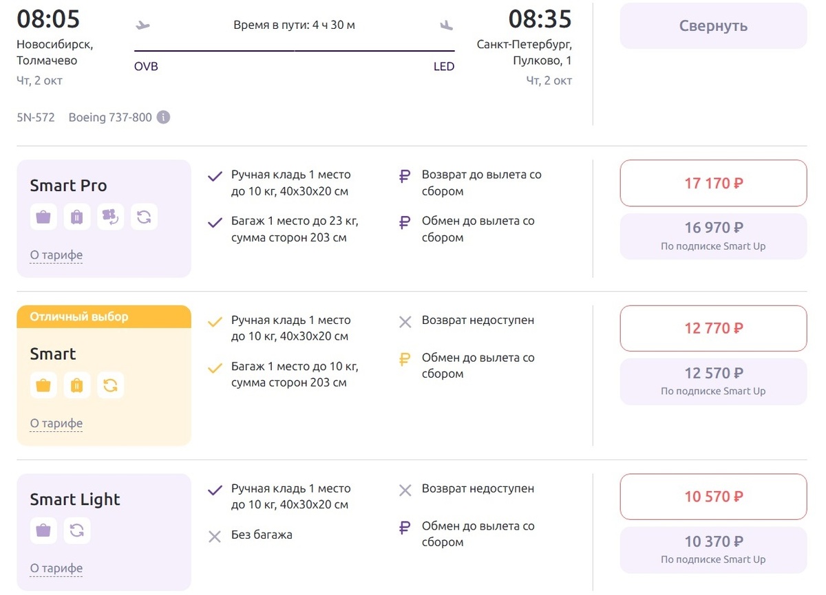 Стоимость билетов по разным тарифам авиакомпании СмартАвиа. Выбрали самый эконом - Лайт.